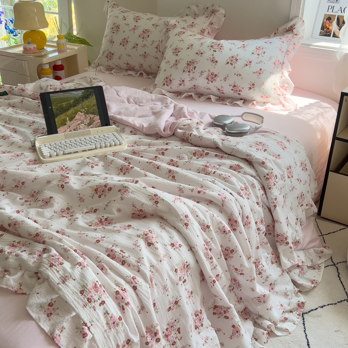 91家纺网 家纺一手货源 找家纺 希丞家居 2025新款小清新泡泡水洗棉夏被夏凉被空调被四件套 夏被-繁花