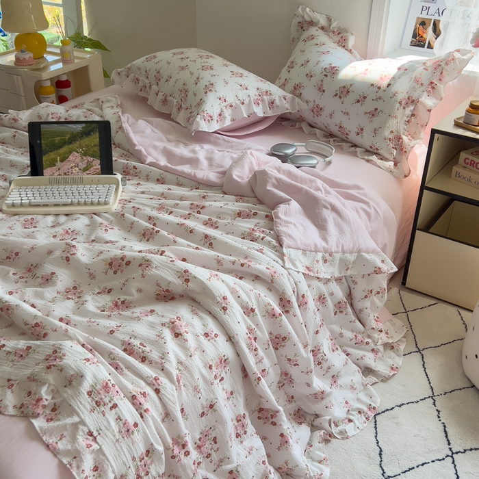 91家纺网 家纺一手货源 找家纺 希丞家居 2025新款小清新泡泡水洗棉夏被夏凉被空调被四件套 夏被-繁花