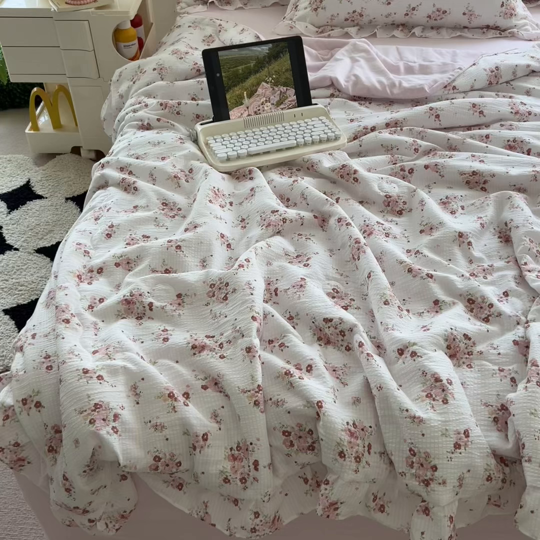 91家纺网 家纺一手货源 找家纺 希丞家居 2025新款小清新泡泡水洗棉夏被夏凉被空调被四件套 夏被-繁花