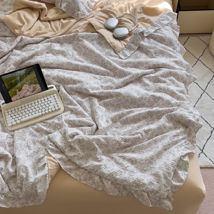 91家纺网 家纺一手货源 找家纺 希丞家居 2025新款小清新泡泡水洗棉夏被夏凉被空调被四件套 夏被-棉枝
