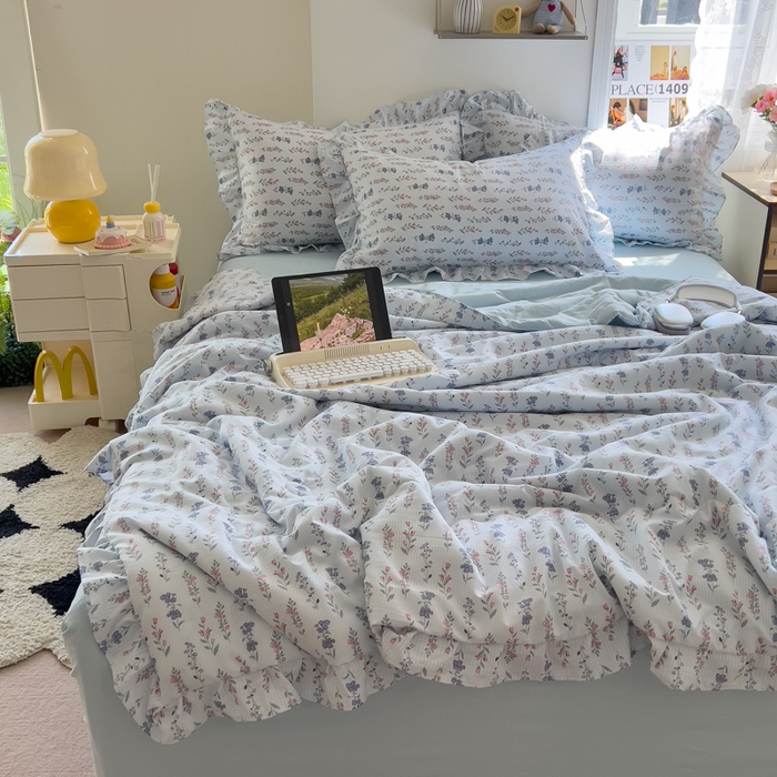 91家纺网 家纺一手货源 找家纺 希丞家居 2025新款小清新泡泡水洗棉夏被夏凉被空调被四件套 夏被-花青