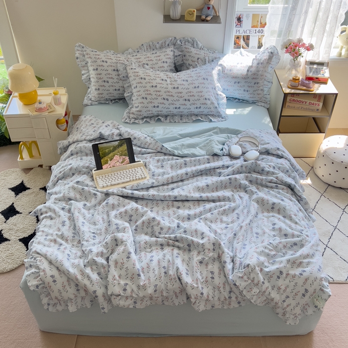 91家纺网 家纺一手货源 找家纺 希丞家居 2025新款小清新泡泡水洗棉夏被夏凉被空调被四件套 夏被-花青