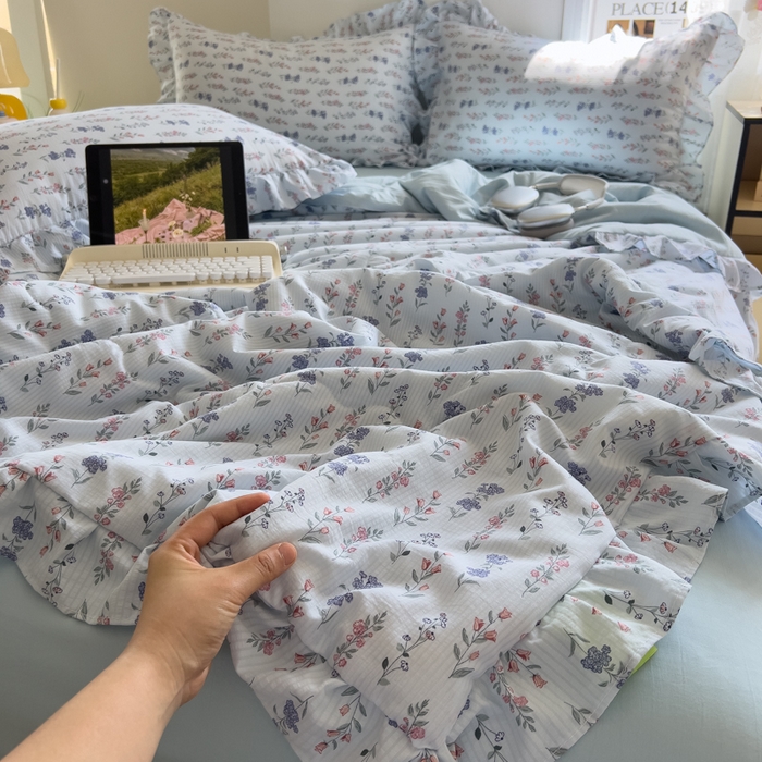 91家纺网 家纺一手货源 找家纺 希丞家居 2025新款小清新泡泡水洗棉夏被夏凉被空调被四件套 夏被-花青