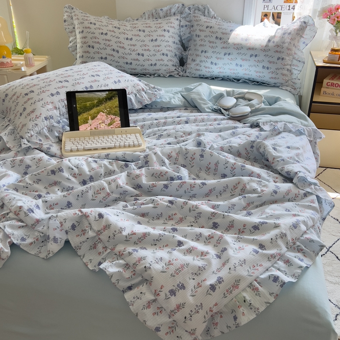 91家纺网 家纺一手货源 找家纺 希丞家居 2025新款小清新泡泡水洗棉夏被夏凉被空调被四件套 夏被-花青