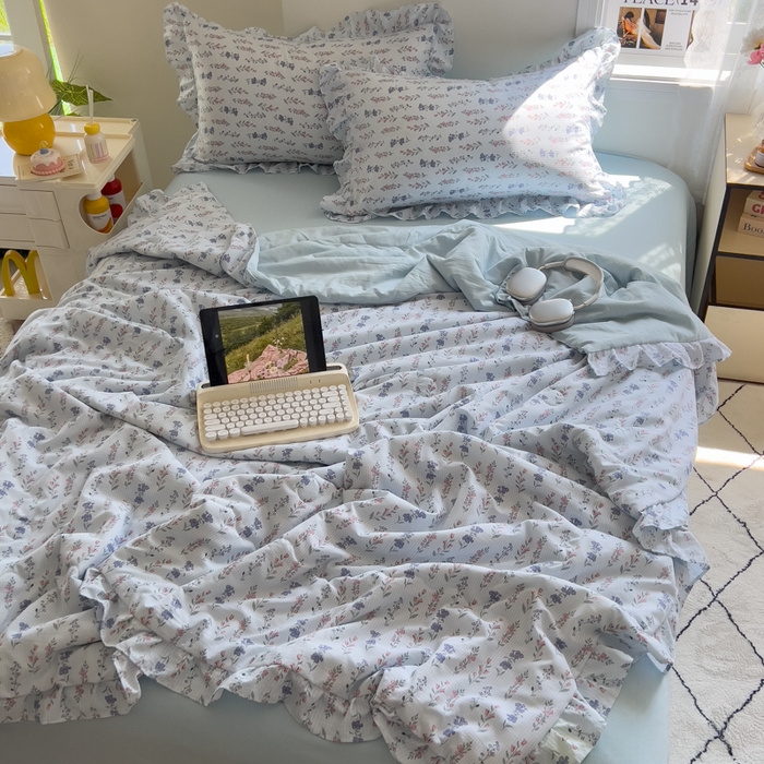 91家纺网 家纺一手货源 找家纺 希丞家居 2025新款小清新泡泡水洗棉夏被夏凉被空调被四件套 夏被-花青