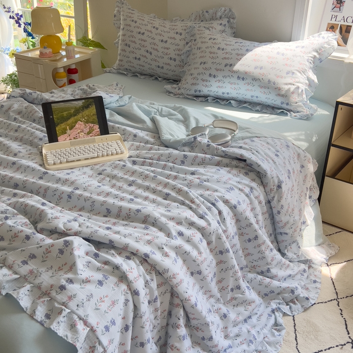 91家纺网 家纺一手货源 找家纺 希丞家居 2025新款小清新泡泡水洗棉夏被夏凉被空调被四件套 夏被-花青
