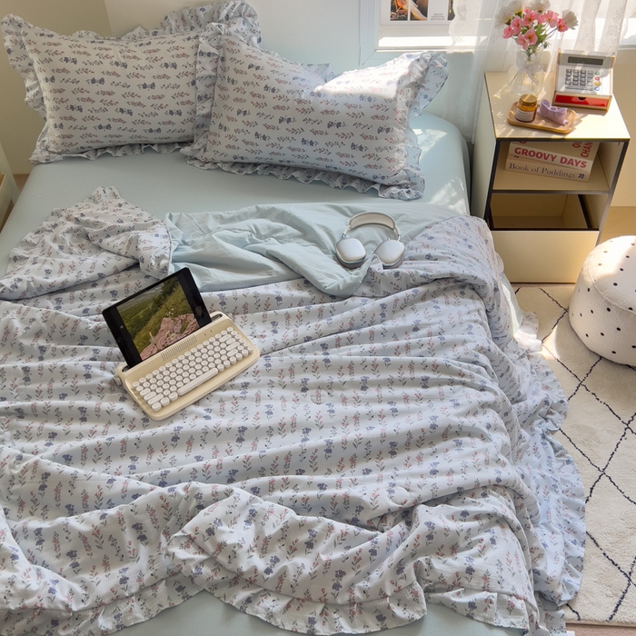 91家纺网 家纺一手货源 找家纺 希丞家居 2025新款小清新泡泡水洗棉夏被夏凉被空调被四件套 夏被-花青