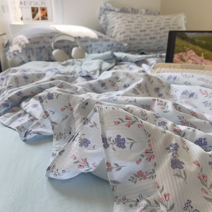 91家纺网 家纺一手货源 找家纺 希丞家居 2025新款小清新泡泡水洗棉夏被夏凉被空调被四件套 夏被-花青