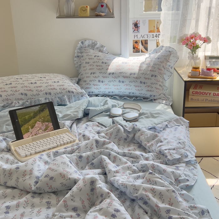 91家纺网 家纺一手货源 找家纺 希丞家居 2025新款小清新泡泡水洗棉夏被夏凉被空调被四件套 夏被-花青