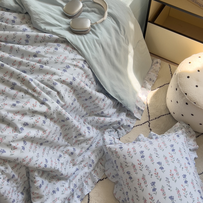 91家纺网 家纺一手货源 找家纺 希丞家居 2025新款小清新泡泡水洗棉夏被夏凉被空调被四件套 夏被-花青