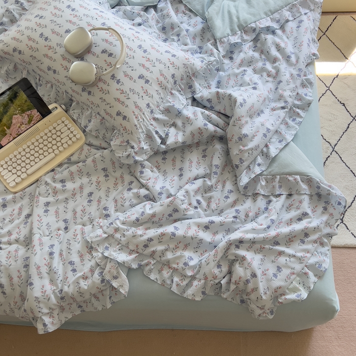 91家纺网 家纺一手货源 找家纺 希丞家居 2025新款小清新泡泡水洗棉夏被夏凉被空调被四件套 夏被-花青