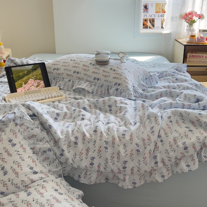 91家纺网 家纺一手货源 找家纺 希丞家居 2025新款小清新泡泡水洗棉夏被夏凉被空调被四件套 夏被-花青