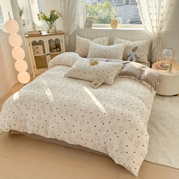 91家纺网 家纺一手货源 找家纺 丝芙妮家居（原乐视家纺） 2025春夏新款水洗皱皱棉印花四件套 丹尼熊