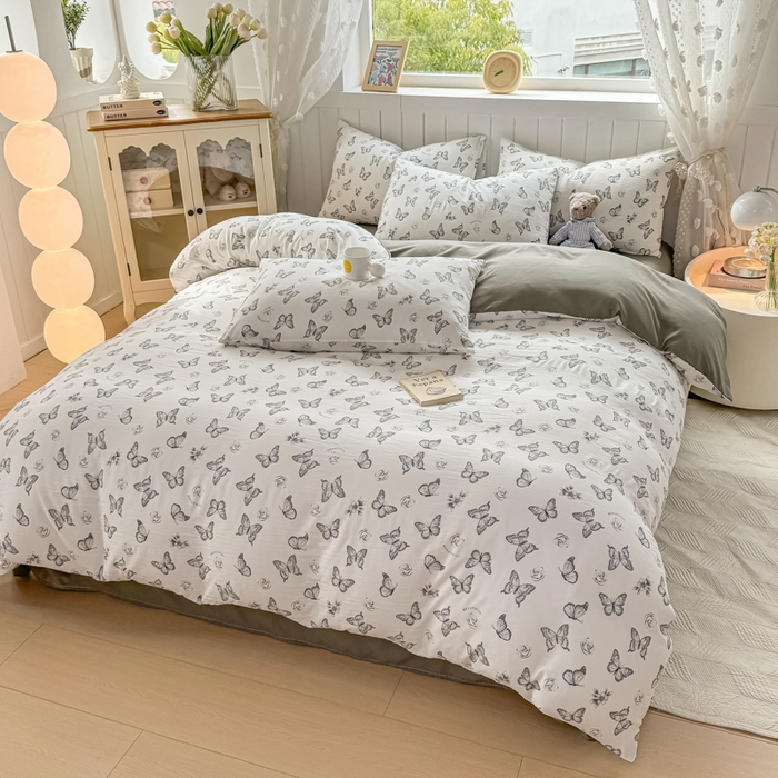 91家纺网 家纺一手货源 找家纺 丝芙妮家居（原乐视家纺） 2025春夏新款水洗皱皱棉印花四件套 蝶舞