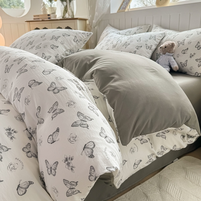 91家纺网 家纺一手货源 找家纺 丝芙妮家居（原乐视家纺） 2025春夏新款水洗皱皱棉印花四件套 蝶舞