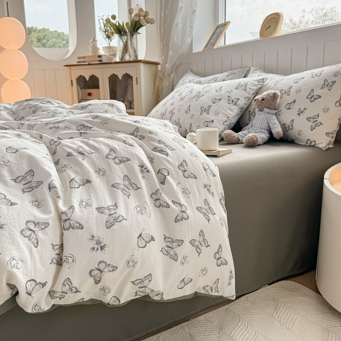 91家纺网 家纺一手货源 找家纺 丝芙妮家居（原乐视家纺） 2025春夏新款水洗皱皱棉印花四件套 蝶舞