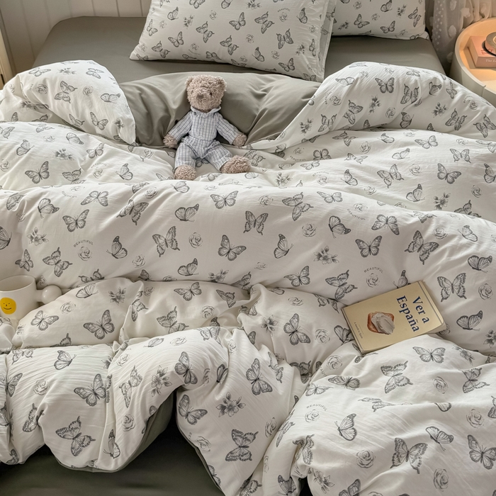 91家纺网 家纺一手货源 找家纺 丝芙妮家居（原乐视家纺） 2025春夏新款水洗皱皱棉印花四件套 蝶舞