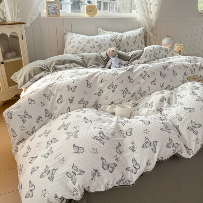 91家纺网 家纺一手货源 找家纺 丝芙妮家居（原乐视家纺） 2025春夏新款水洗皱皱棉印花四件套 蝶舞