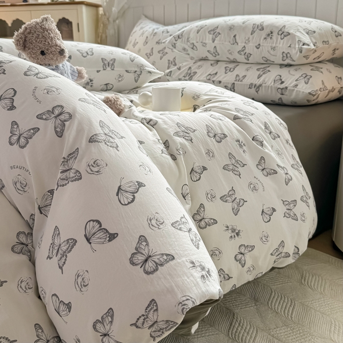 91家纺网 家纺一手货源 找家纺 丝芙妮家居（原乐视家纺） 2025春夏新款水洗皱皱棉印花四件套 蝶舞