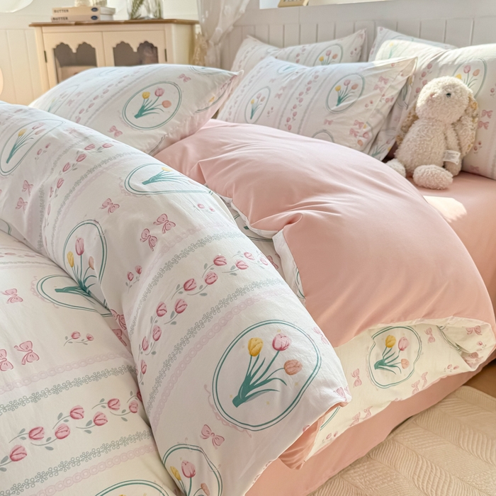 91家纺网 家纺一手货源 找家纺 丝芙妮家居（原乐视家纺） 2025春夏新款水洗皱皱棉印花四件套 粉黛