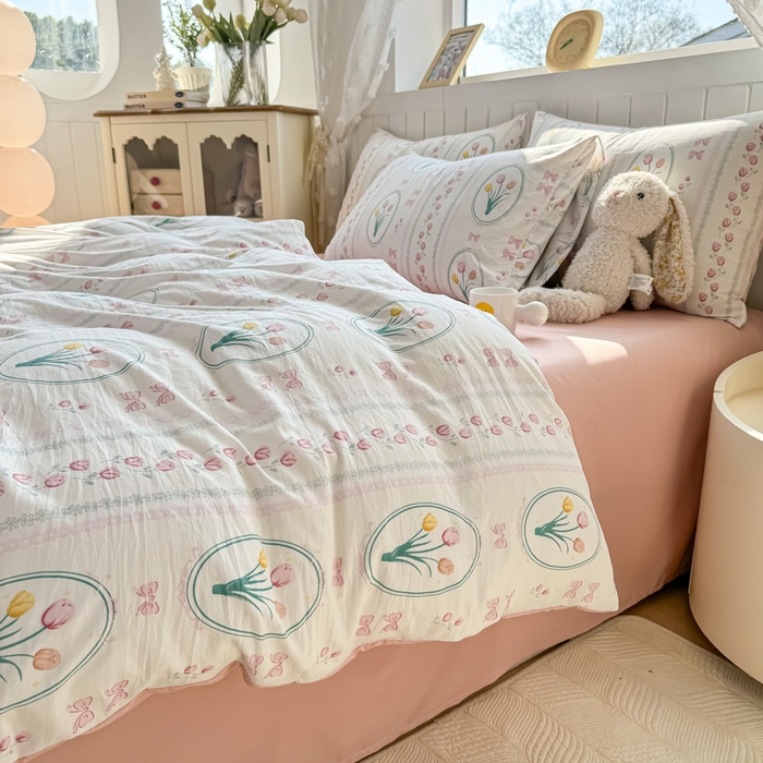 91家纺网 家纺一手货源 找家纺 丝芙妮家居（原乐视家纺） 2025春夏新款水洗皱皱棉印花四件套 粉黛