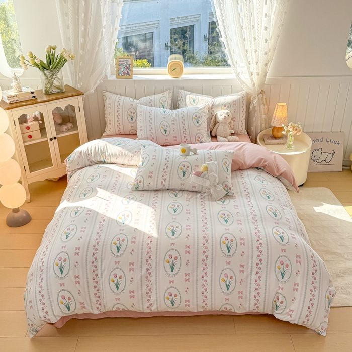 91家纺网 家纺一手货源 找家纺 丝芙妮家居（原乐视家纺） 2025春夏新款水洗皱皱棉印花四件套 粉黛