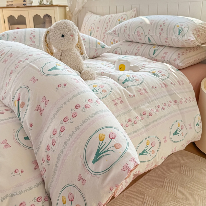 91家纺网 家纺一手货源 找家纺 丝芙妮家居（原乐视家纺） 2025春夏新款水洗皱皱棉印花四件套 粉黛