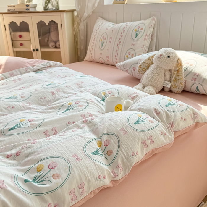 91家纺网 家纺一手货源 找家纺 丝芙妮家居（原乐视家纺） 2025春夏新款水洗皱皱棉印花四件套 粉黛