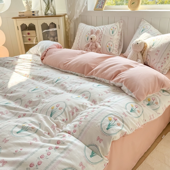 91家纺网 家纺一手货源 找家纺 丝芙妮家居（原乐视家纺） 2025春夏新款水洗皱皱棉印花四件套 粉黛