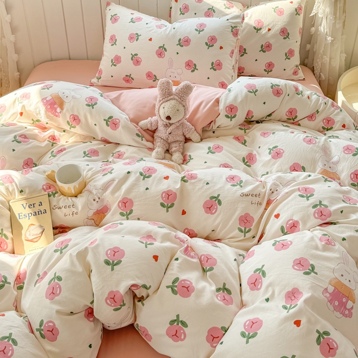 91家纺网 家纺一手货源 找家纺 丝芙妮家居（原乐视家纺） 2025春夏新款水洗皱皱棉印花四件套 花朵朵