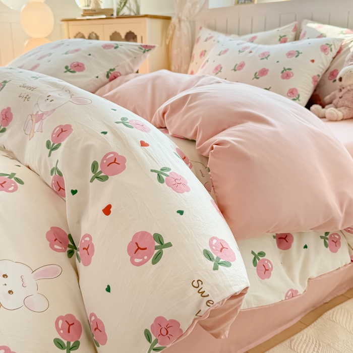 91家纺网 家纺一手货源 找家纺 丝芙妮家居（原乐视家纺） 2025春夏新款水洗皱皱棉印花四件套 花朵朵