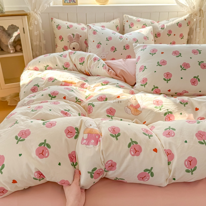 91家纺网 家纺一手货源 找家纺 丝芙妮家居（原乐视家纺） 2025春夏新款水洗皱皱棉印花四件套 花朵朵