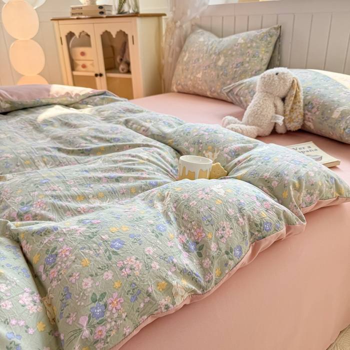 91家纺网 家纺一手货源 找家纺 丝芙妮家居（原乐视家纺） 2025春夏新款水洗皱皱棉印花四件套 花里