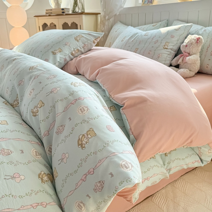 91家纺网 家纺一手货源 找家纺 丝芙妮家居（原乐视家纺） 2025春夏新款水洗皱皱棉印花四件套 可妮熊