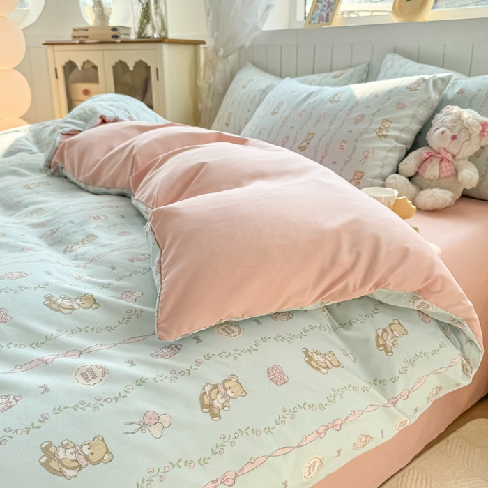 91家纺网 家纺一手货源 找家纺 丝芙妮家居（原乐视家纺） 2025春夏新款水洗皱皱棉印花四件套 可妮熊