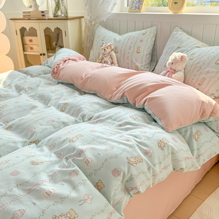 91家纺网 家纺一手货源 找家纺 丝芙妮家居（原乐视家纺） 2025春夏新款水洗皱皱棉印花四件套 可妮熊