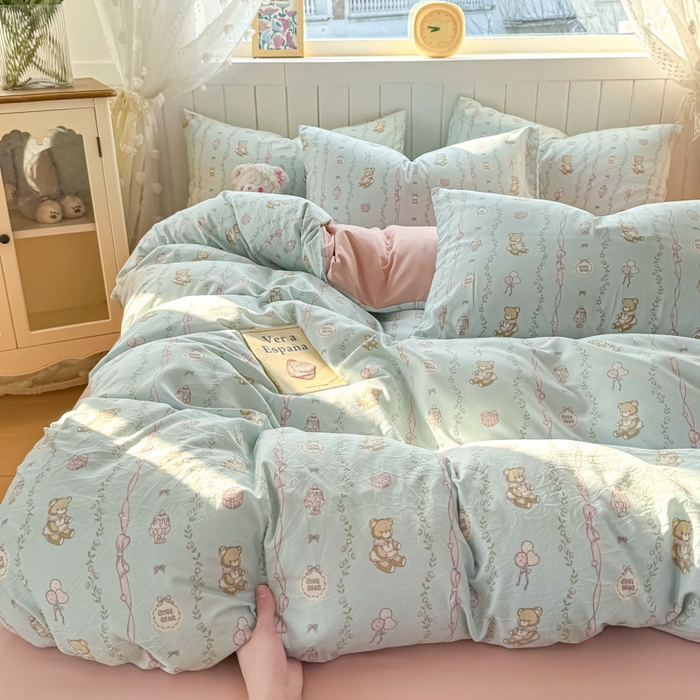 91家纺网 家纺一手货源 找家纺 丝芙妮家居（原乐视家纺） 2025春夏新款水洗皱皱棉印花四件套 可妮熊