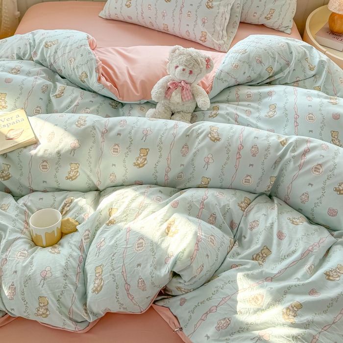 91家纺网 家纺一手货源 找家纺 丝芙妮家居（原乐视家纺） 2025春夏新款水洗皱皱棉印花四件套 可妮熊