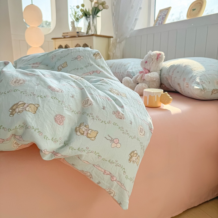 91家纺网 家纺一手货源 找家纺 丝芙妮家居（原乐视家纺） 2025春夏新款水洗皱皱棉印花四件套 可妮熊