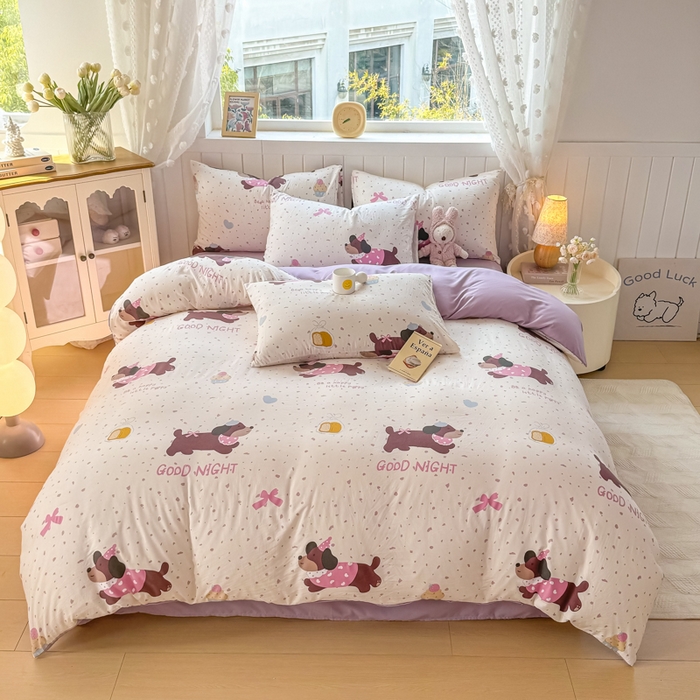 91家纺网 家纺一手货源 找家纺 丝芙妮家居（原乐视家纺） 2025春夏新款水洗皱皱棉印花四件套 奶油狗