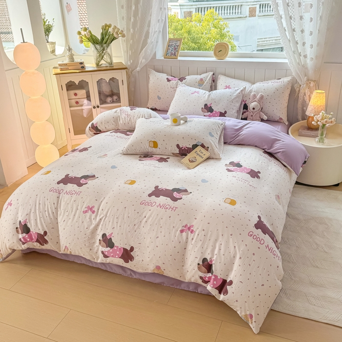 91家纺网 家纺一手货源 找家纺 丝芙妮家居（原乐视家纺） 2025春夏新款水洗皱皱棉印花四件套 奶油狗