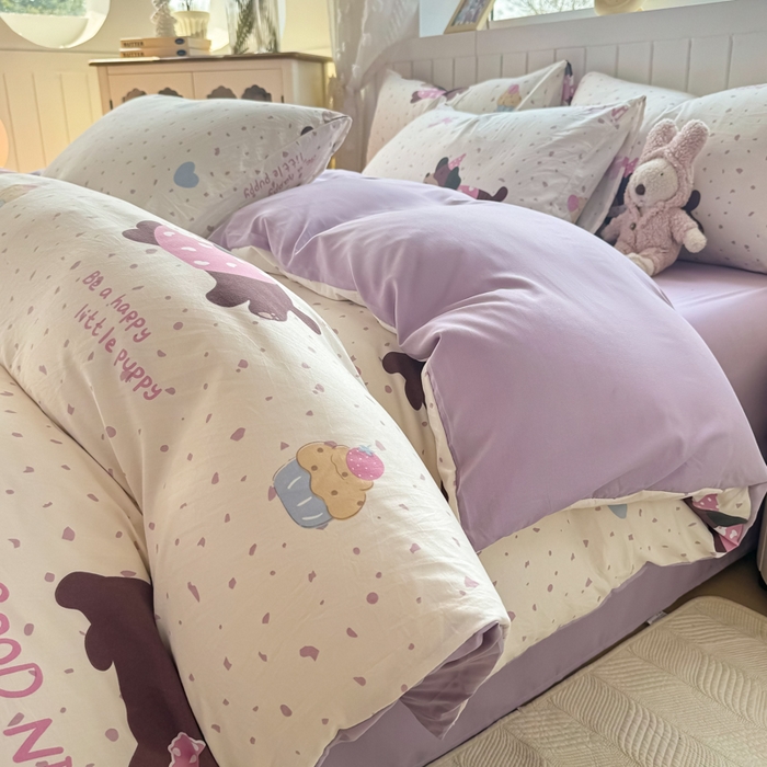 91家纺网 家纺一手货源 找家纺 丝芙妮家居（原乐视家纺） 2025春夏新款水洗皱皱棉印花四件套 奶油狗