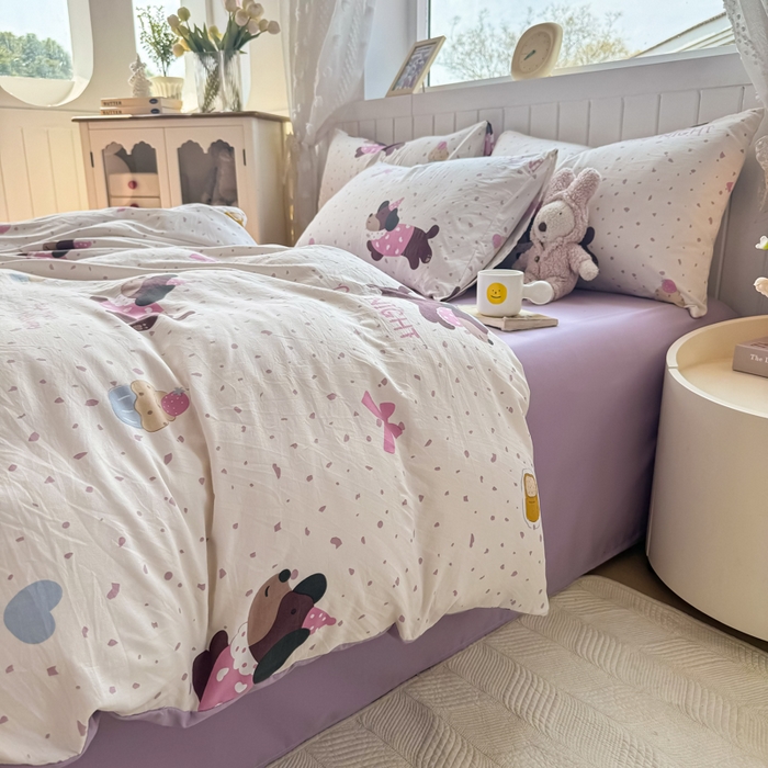 91家纺网 家纺一手货源 找家纺 丝芙妮家居（原乐视家纺） 2025春夏新款水洗皱皱棉印花四件套 奶油狗