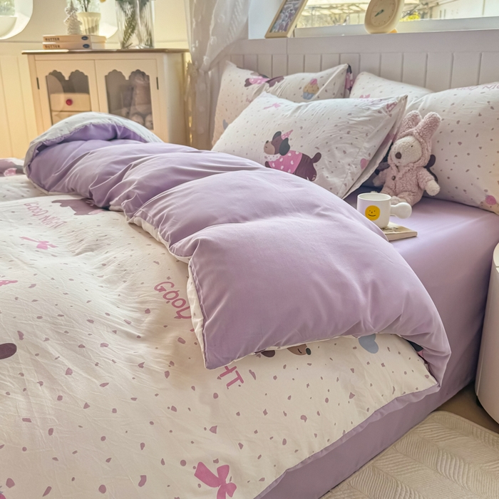 91家纺网 家纺一手货源 找家纺 丝芙妮家居（原乐视家纺） 2025春夏新款水洗皱皱棉印花四件套 奶油狗