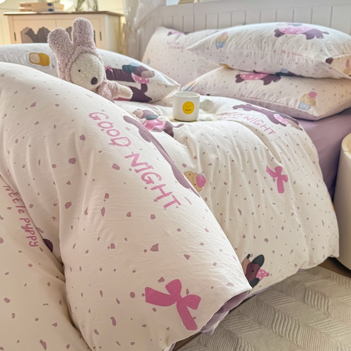 91家纺网 家纺一手货源 找家纺 丝芙妮家居（原乐视家纺） 2025春夏新款水洗皱皱棉印花四件套 奶油狗