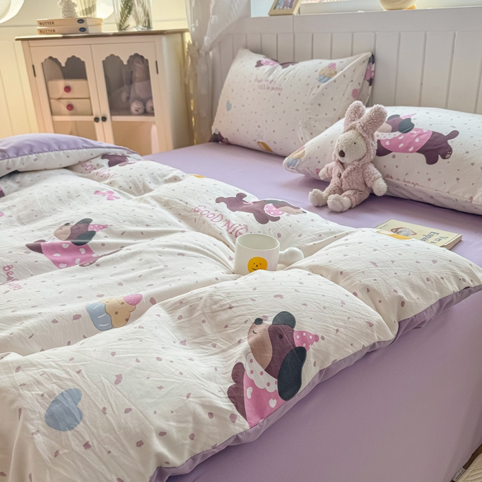 91家纺网 家纺一手货源 找家纺 丝芙妮家居（原乐视家纺） 2025春夏新款水洗皱皱棉印花四件套 奶油狗