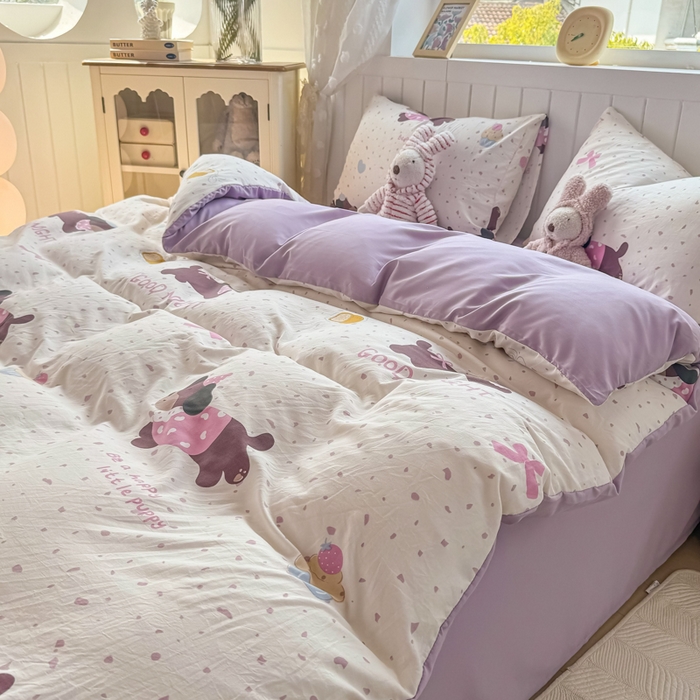 91家纺网 家纺一手货源 找家纺 丝芙妮家居（原乐视家纺） 2025春夏新款水洗皱皱棉印花四件套 奶油狗