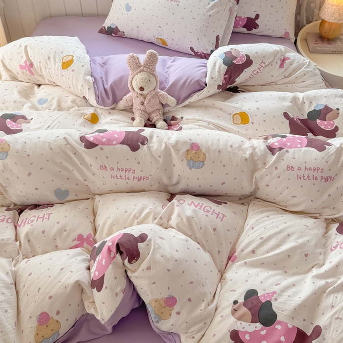 91家纺网 家纺一手货源 找家纺 丝芙妮家居（原乐视家纺） 2025春夏新款水洗皱皱棉印花四件套 奶油狗