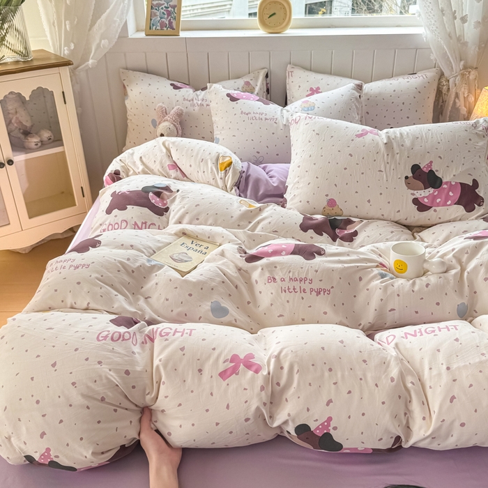 91家纺网 家纺一手货源 找家纺 丝芙妮家居（原乐视家纺） 2025春夏新款水洗皱皱棉印花四件套 奶油狗