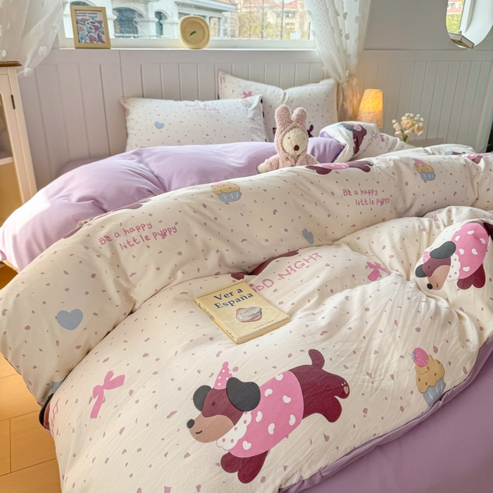 91家纺网 家纺一手货源 找家纺 丝芙妮家居（原乐视家纺） 2025春夏新款水洗皱皱棉印花四件套 奶油狗